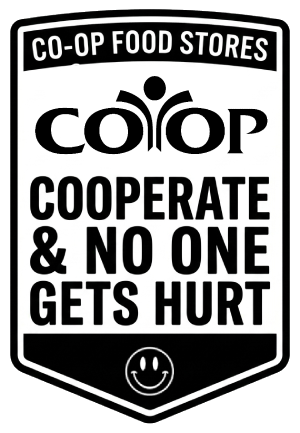 Icon badge that says "Co-op Food Stores - Cooperate and No One Gets Hurt" with Co-op logo and smiley face