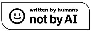 Small badge with the words "written by humans, not by AI"