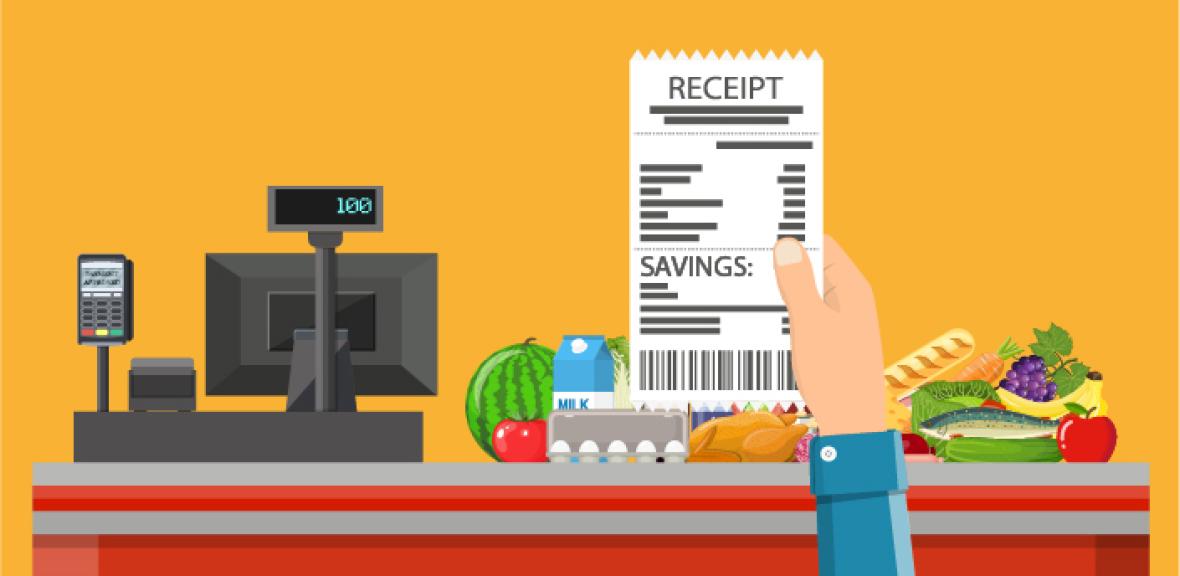 Illustration of hand holding a receipt in front of a cash register