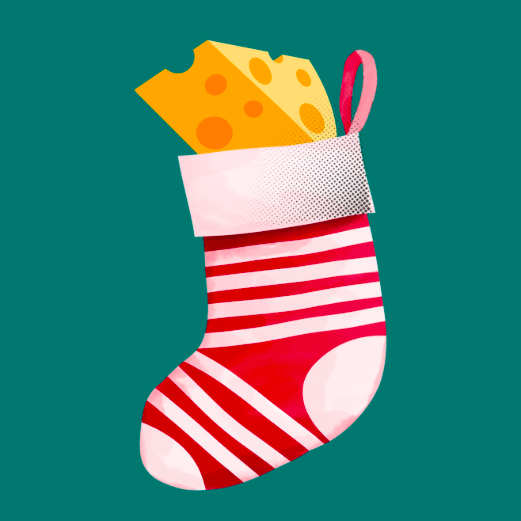 Holiday stocking and cheese illustration on a green background