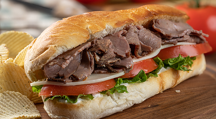 Roast beef sandwich on a baguette