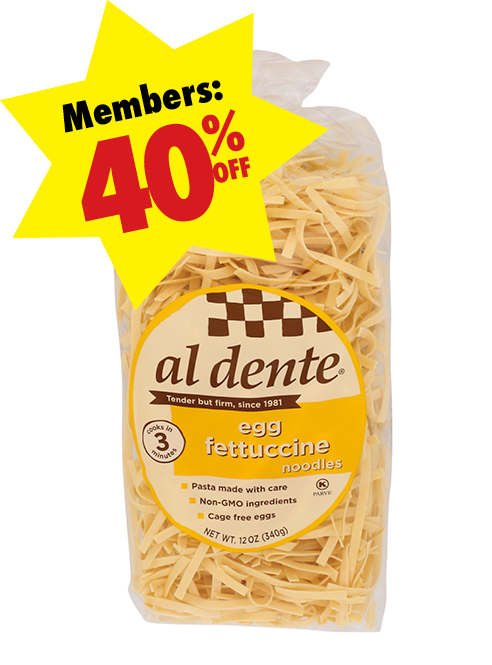 Bag of al dente egg fettuccine noodles. Save 40%.