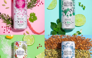 Four varieties of Clever Mocktails non-alcoholic beverages.