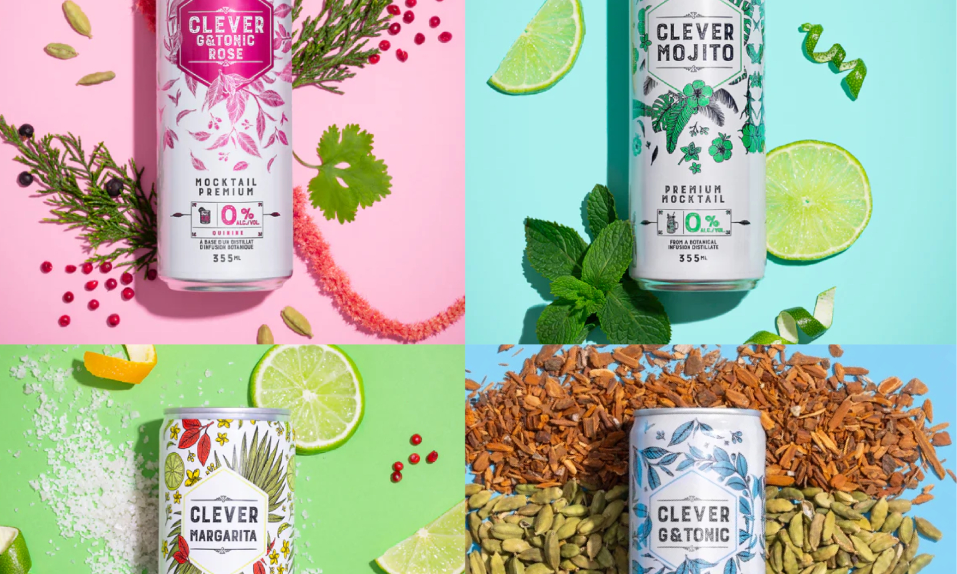 Four varieties of Clever Mocktails non-alcoholic beverages.