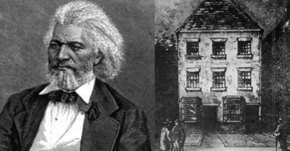 Photo of Frederick Douglass next to the original co-op store in Rochdale, England