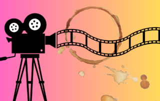 Old fashioned movie camera, film, and coffee stains illustration