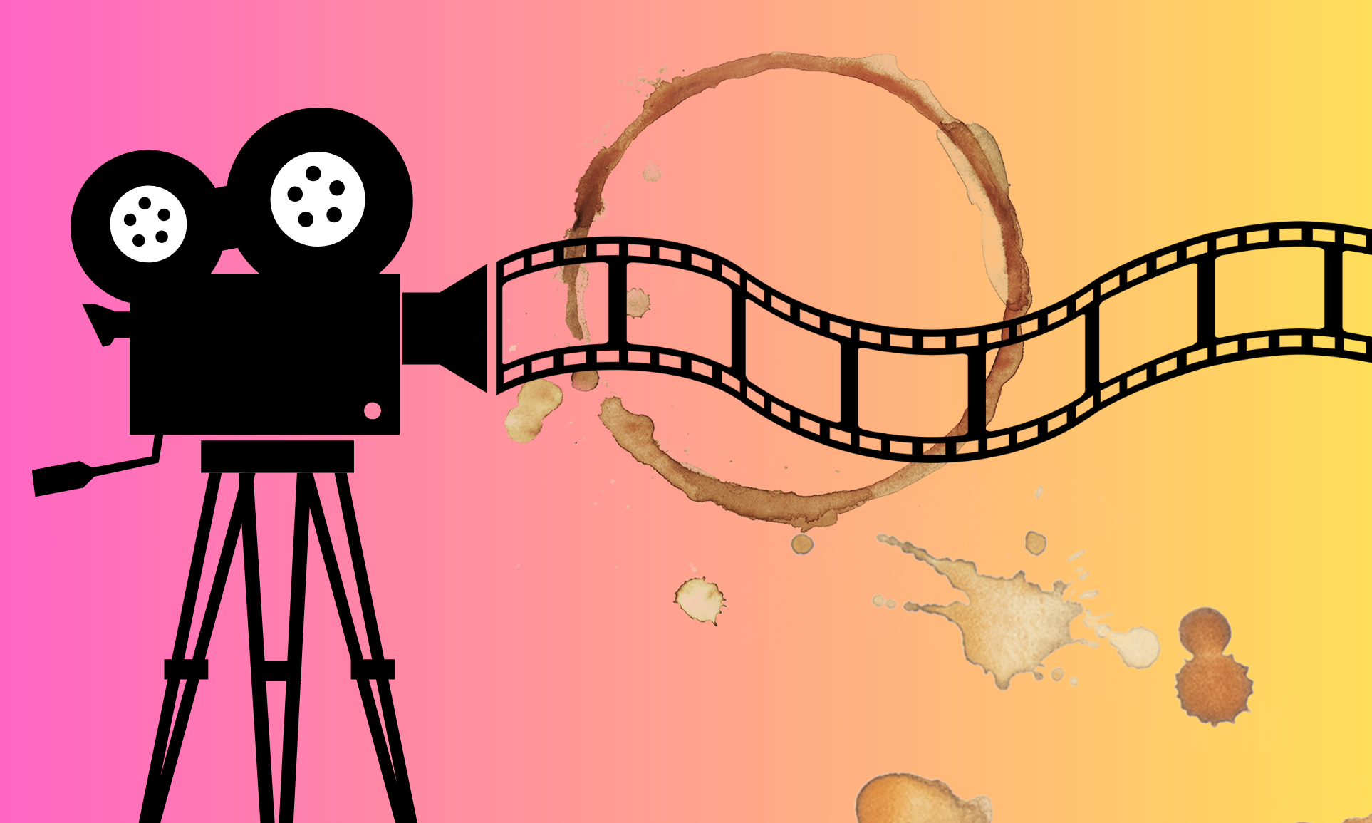 Old fashioned movie camera, film, and coffee stains illustration