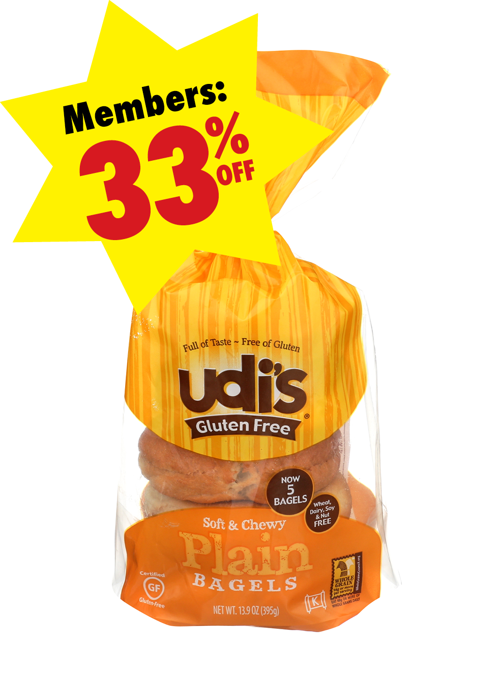 Package of Udi's Gluten-Free Plain Bagels.