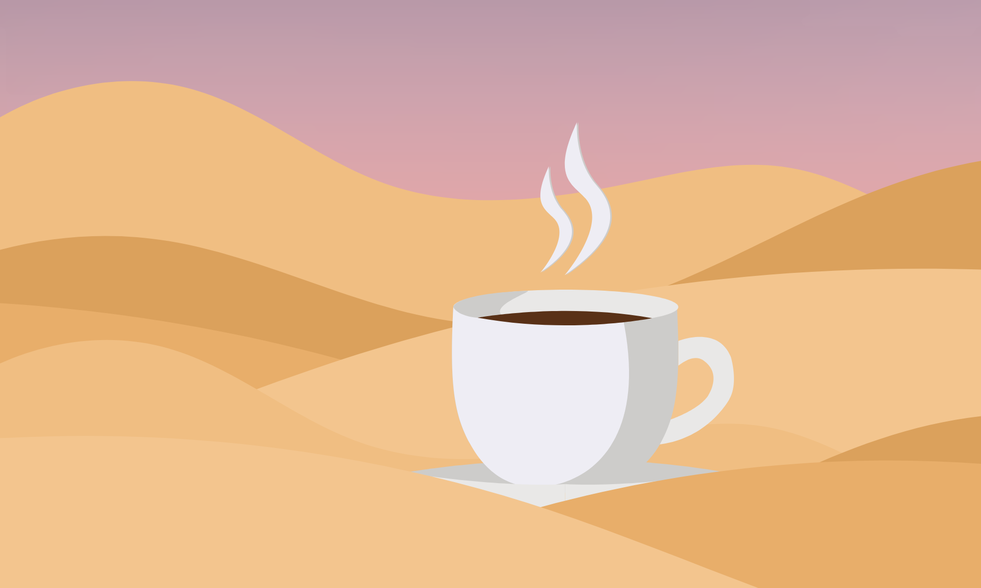 Illustration with cup of coffee and sand dunes on colorful background