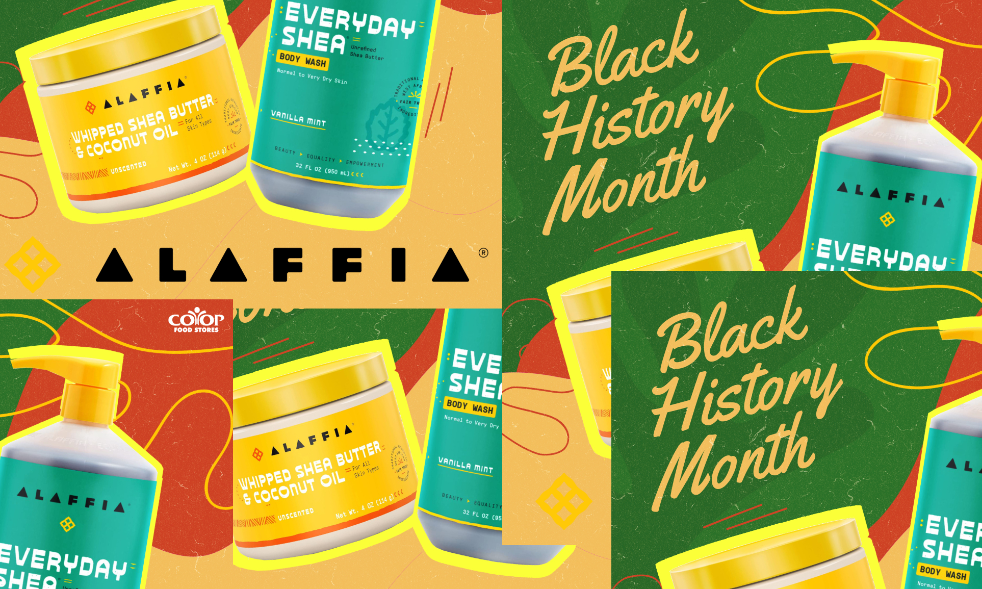 Collage photo illustration of Alaffia products