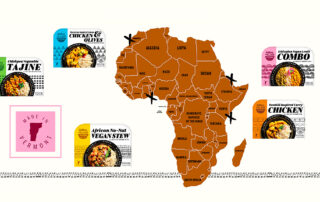 Illustration of Africa and variety of Global Village Foods products