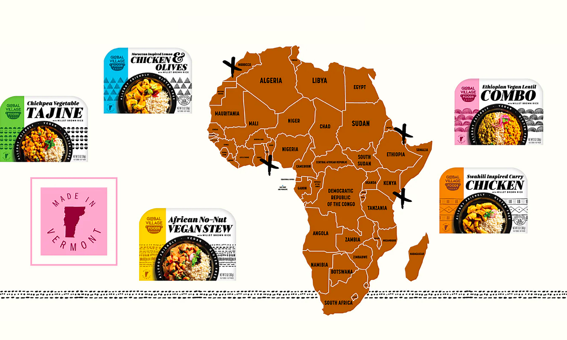 Illustration of Africa and variety of Global Village Foods products