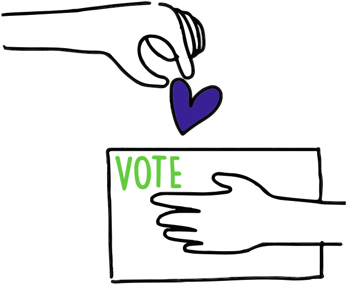 2025 voting illustration with hand, heart, and ballot