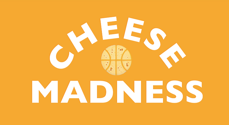 Cheese Madness illustration with basketball designed like a block of cheese on orange background