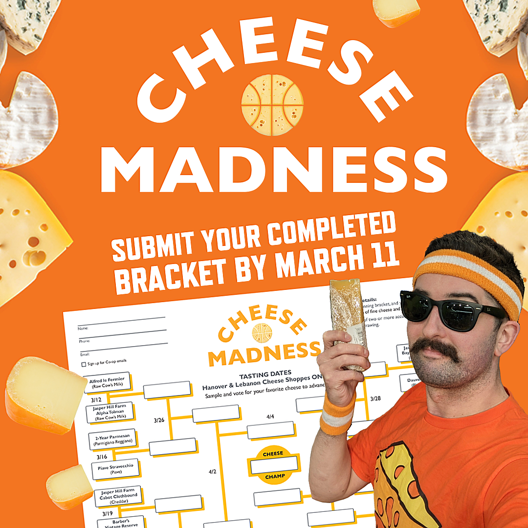 Cheese Madness graphic with employee and bracket