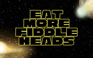 Star Wars Day illustration with the words Eat More Fiddleheads on a space background