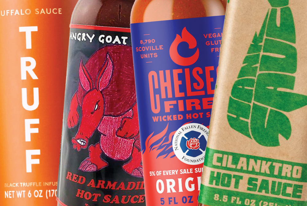 HotSauces_Rewards_May2025 Hot Sauce Bottles: TRUFF Buffalo Sauce, Angry Goat Red Armadillo Hot Sauce, Chelsea Fire Wicked Hot Sauce, Hank Sauce Cilanktro Hot Sauce.