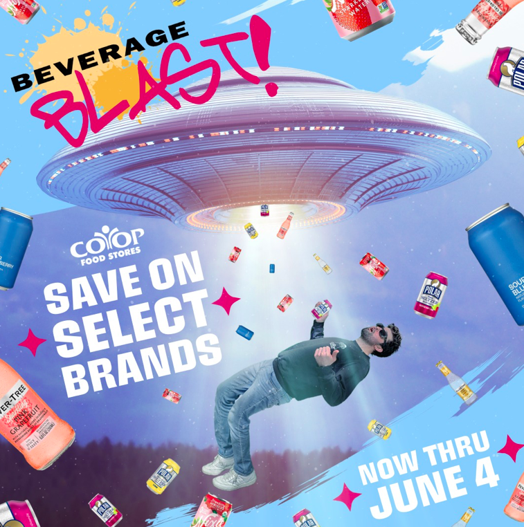 blast_art_2025 Collage of Co-op employee with UFO and beverages to promote Beverage Blast promo