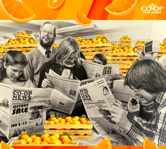 coop_news_and_citrus Photo illustration of customers reading old copies of the Co-op News in the produce department