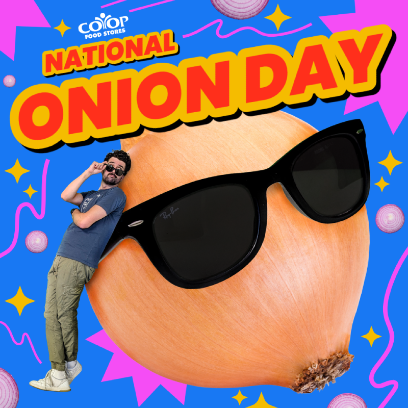onion_day_baby Person next to giant onion, both wearing sunglasses, on colorful 80s-looking background