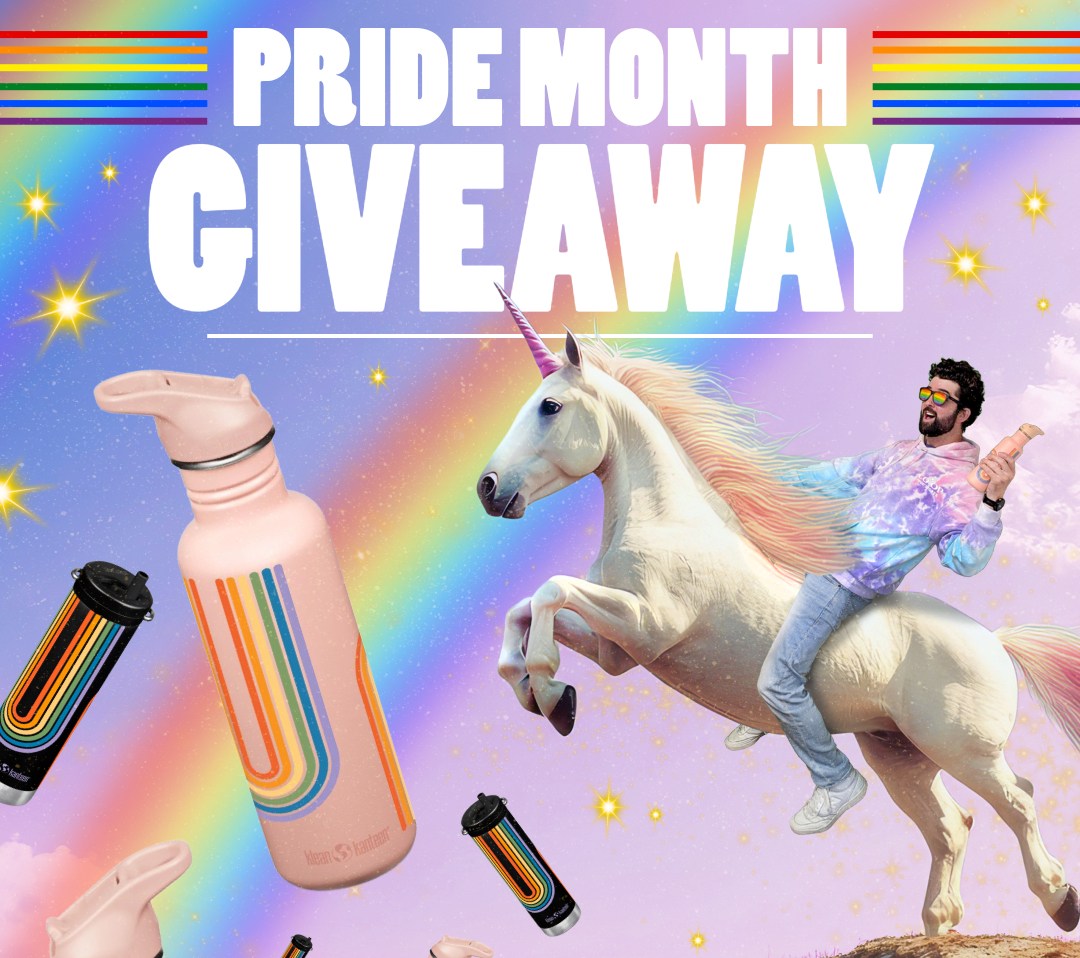 pride_month_giveaway Co-op employee on unicorn (really) with collage of water bottles on colorful background
