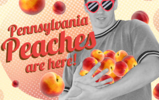 Black and white image of Co-op employee holding colorful peaches all on colorful background