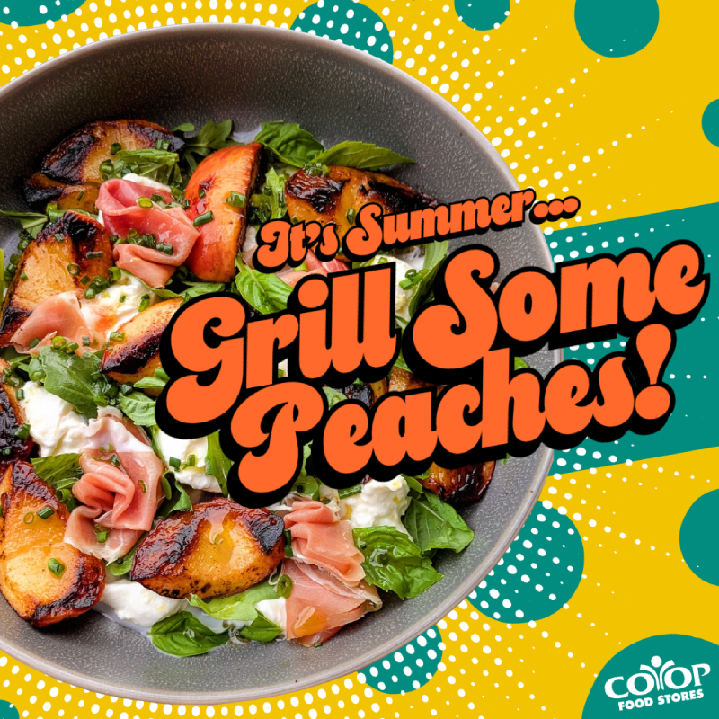 grill_some_peaches The words "grill some peaches" on a pan of grilled peach salad on colorful background