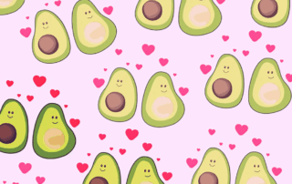 Illustration of avocados and hearts on pink background