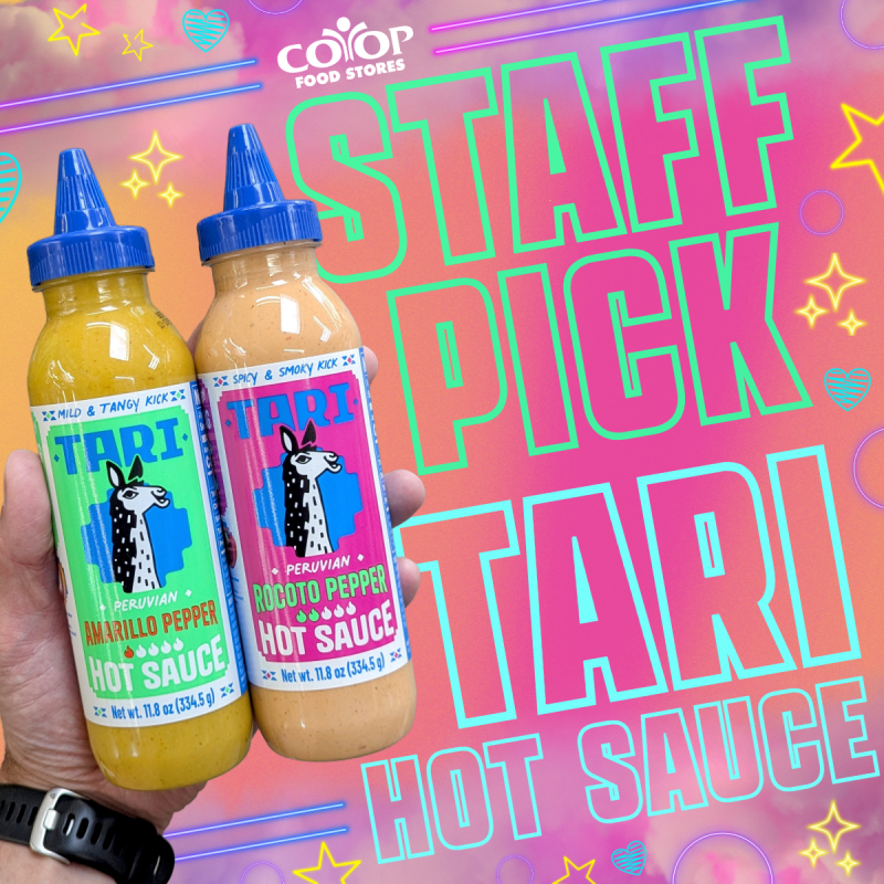 Two bottles of Tari Hot Sauce on colorful background with stars