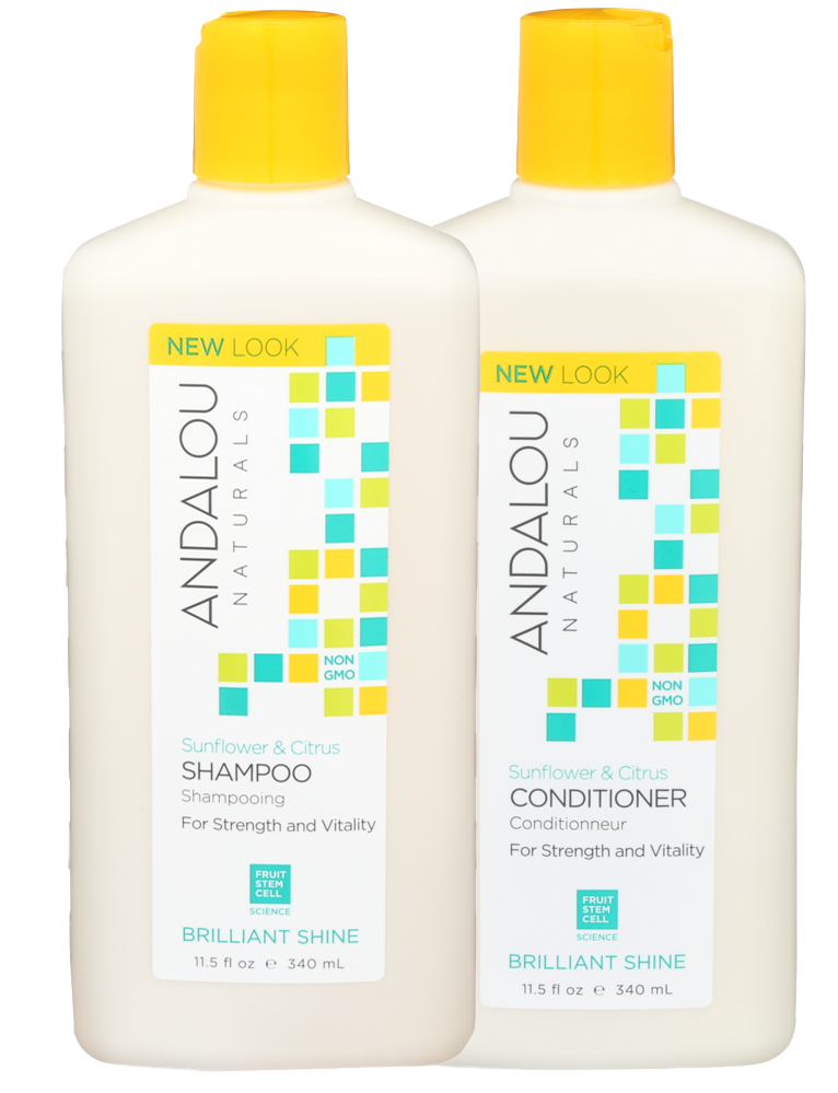 Bottles of Andalou Sunflower and Citrus Shampoo and Conditioner