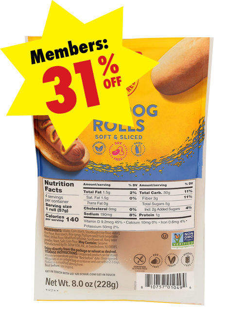 Schar_GlutenFree_HotDogRolls Package of Schar Gluten-Free Hot Dog Rolls