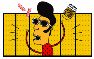 Cartoony illustration of Elvis with peanut butter and bacon behind jail cell bars