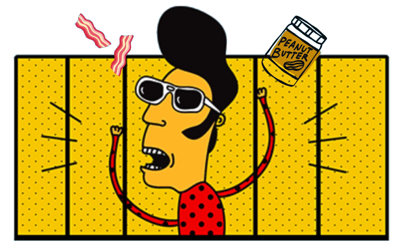 Cartoony illustration of Elvis with peanut butter and bacon behind jail cell bars