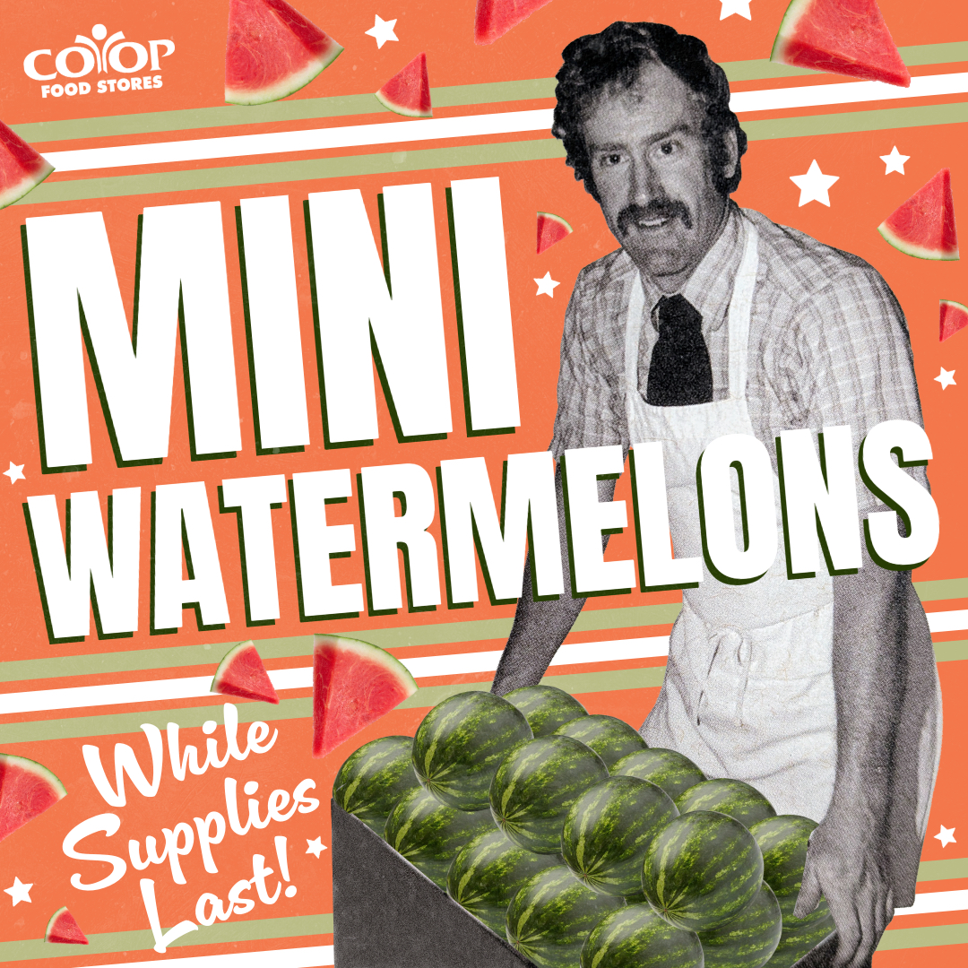 Former long-time Co-op employee in a photo illustration with watermelons on colorful background