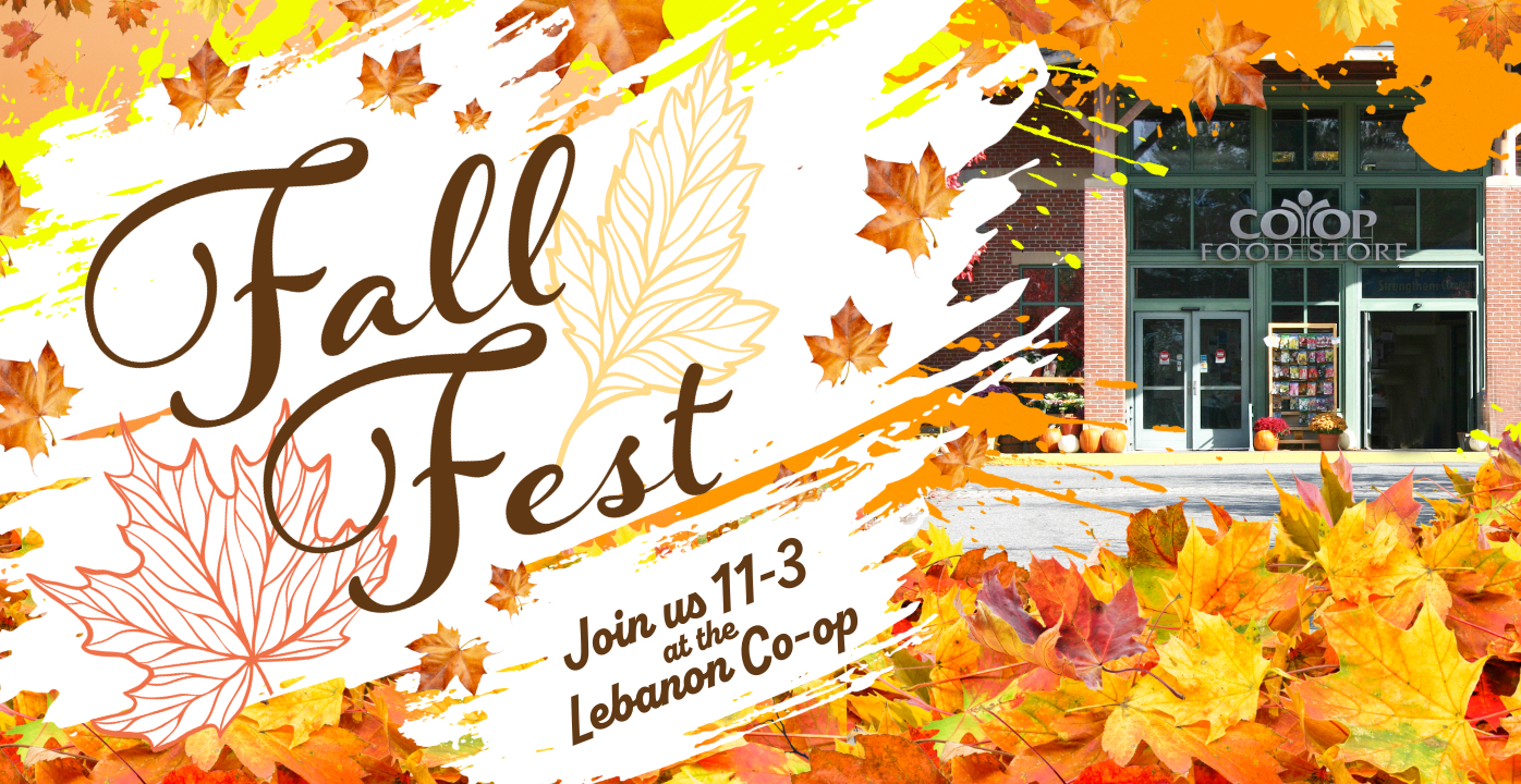 Photo illustration with Fall Fest logo, leaves, and Lebanon Co-op exterior