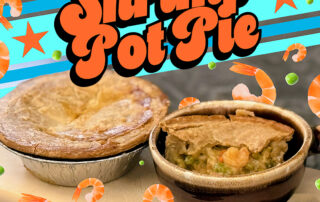 Photo illustration of shrimp pot pie on colorful background with stars and images of shrimp