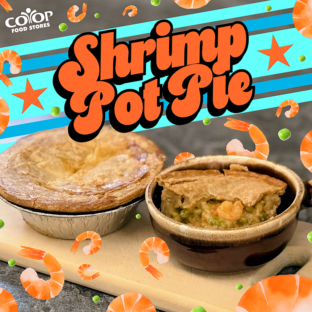 Photo illustration of shrimp pot pie on colorful background with stars and images of shrimp