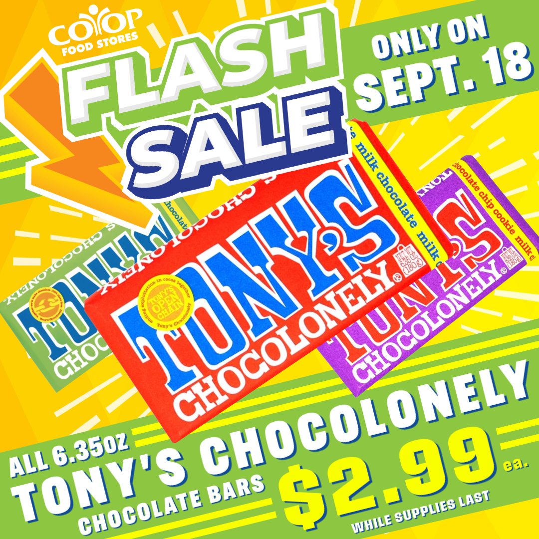 Photo Illustration of Tony's Chocolonely bars on colorful background for Flash Sale