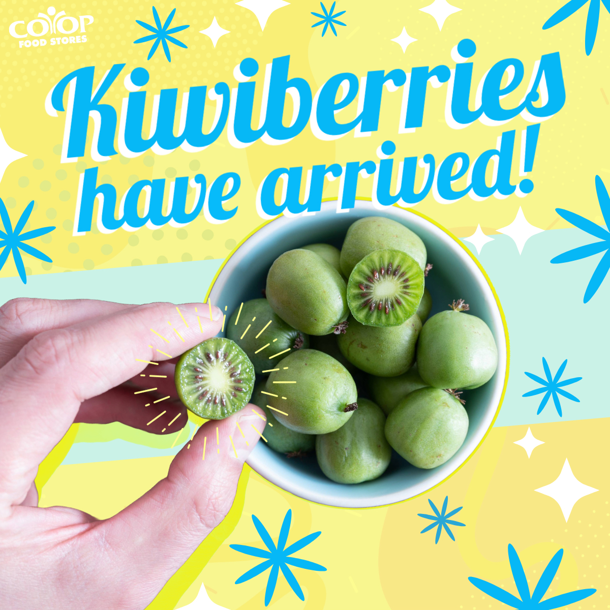 Photo illustration of hand over bowl of kiwiberries