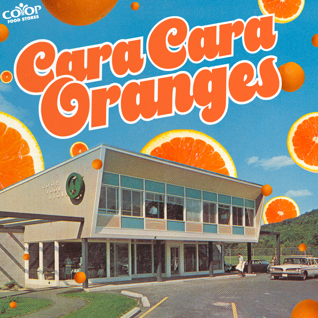 Photo illustration of Hanover Co-op with cara cara oranges