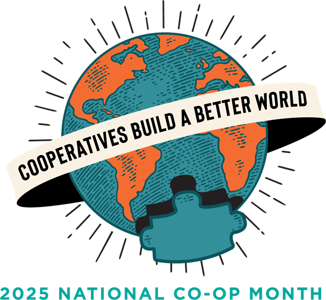 Co-op Month 2025 logo with words across blue and orange globe illustration