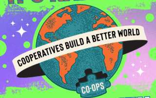 Co-op Month 2025 logo with words across blue and orange globe illustration, all on colorful background