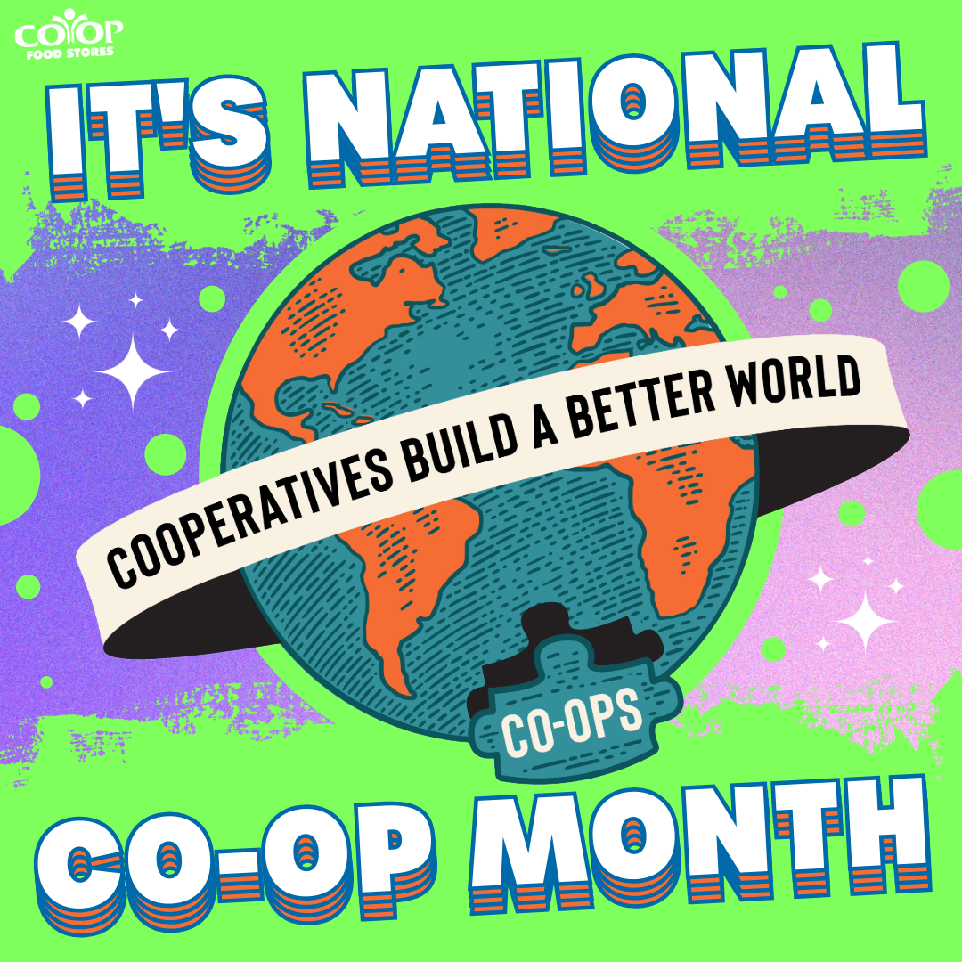 Co-op Month 2025 logo with words across blue and orange globe illustration, all on colorful background