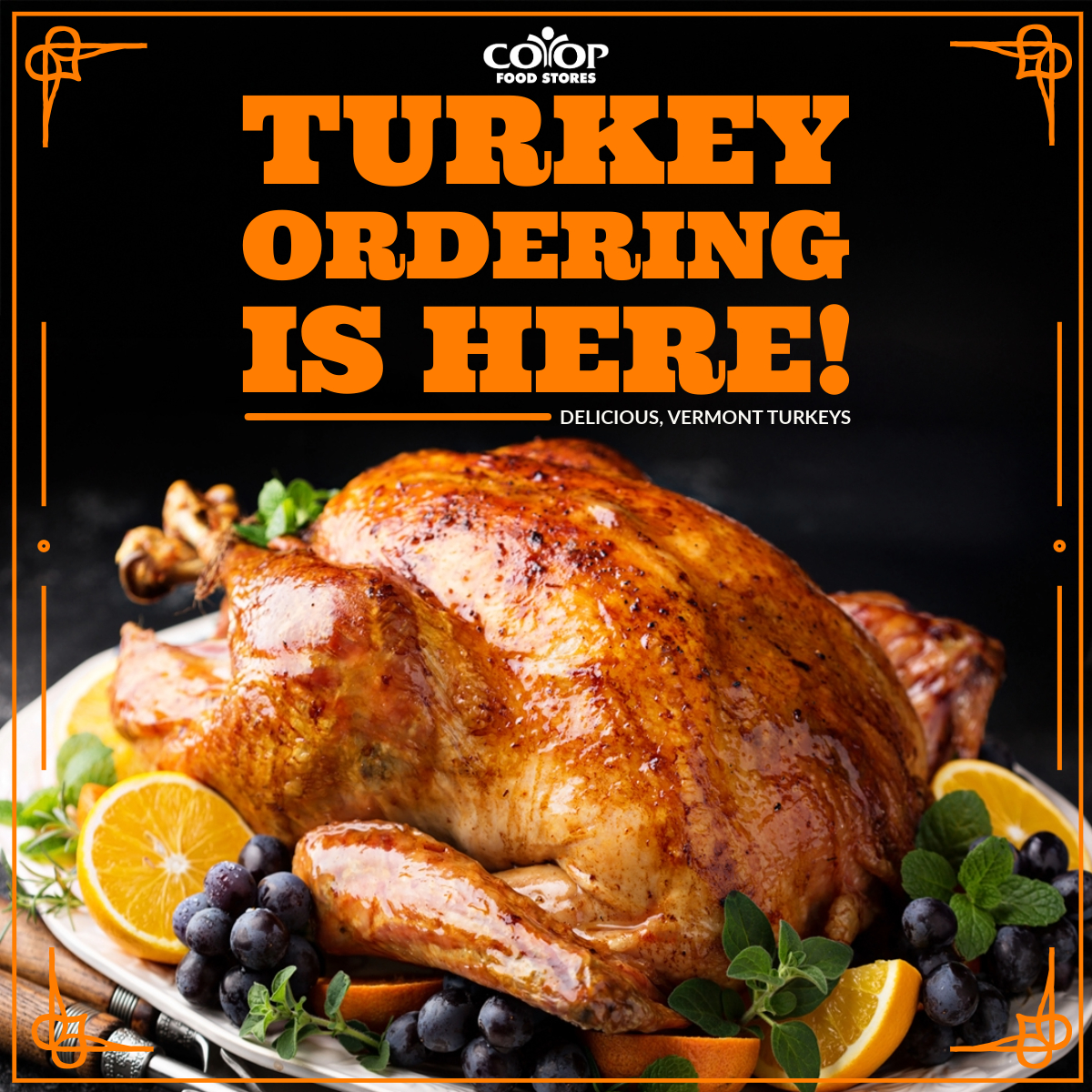 coop_turkey_ordering_2025 Photo of turkey dinner on plate garnished with fruit