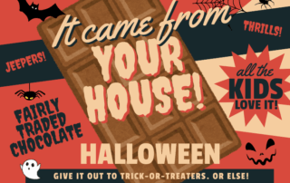 Illustration for fairly traded Halloween chocolate with 50s monster movie theme on black, orange, and tan background with chocolate bar in center