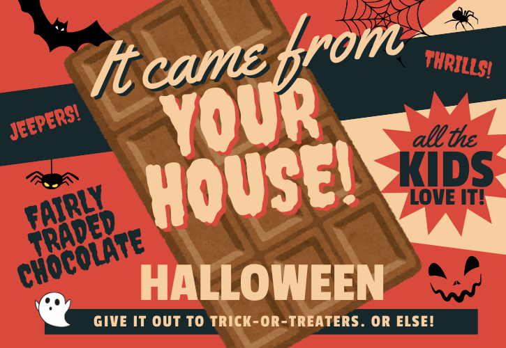 Illustration for fairly traded Halloween chocolate with 50s monster movie theme on black, orange, and tan background with chocolate bar in center