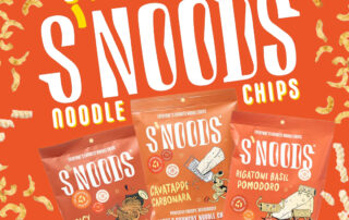 Photo illustration of bags of S'NOODS snacks on colorful background