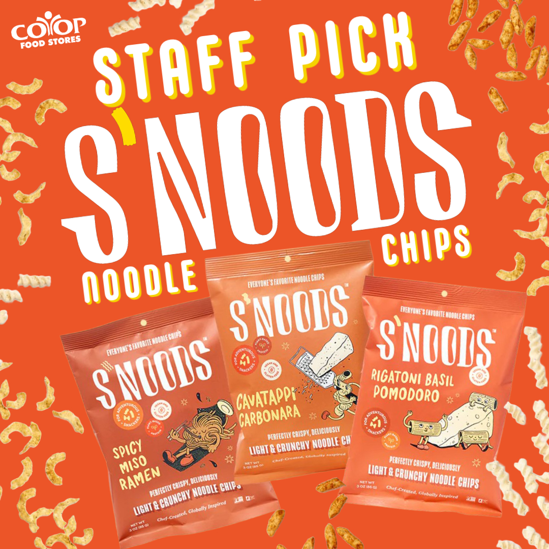 Photo illustration of bags of S'NOODS snacks on colorful background
