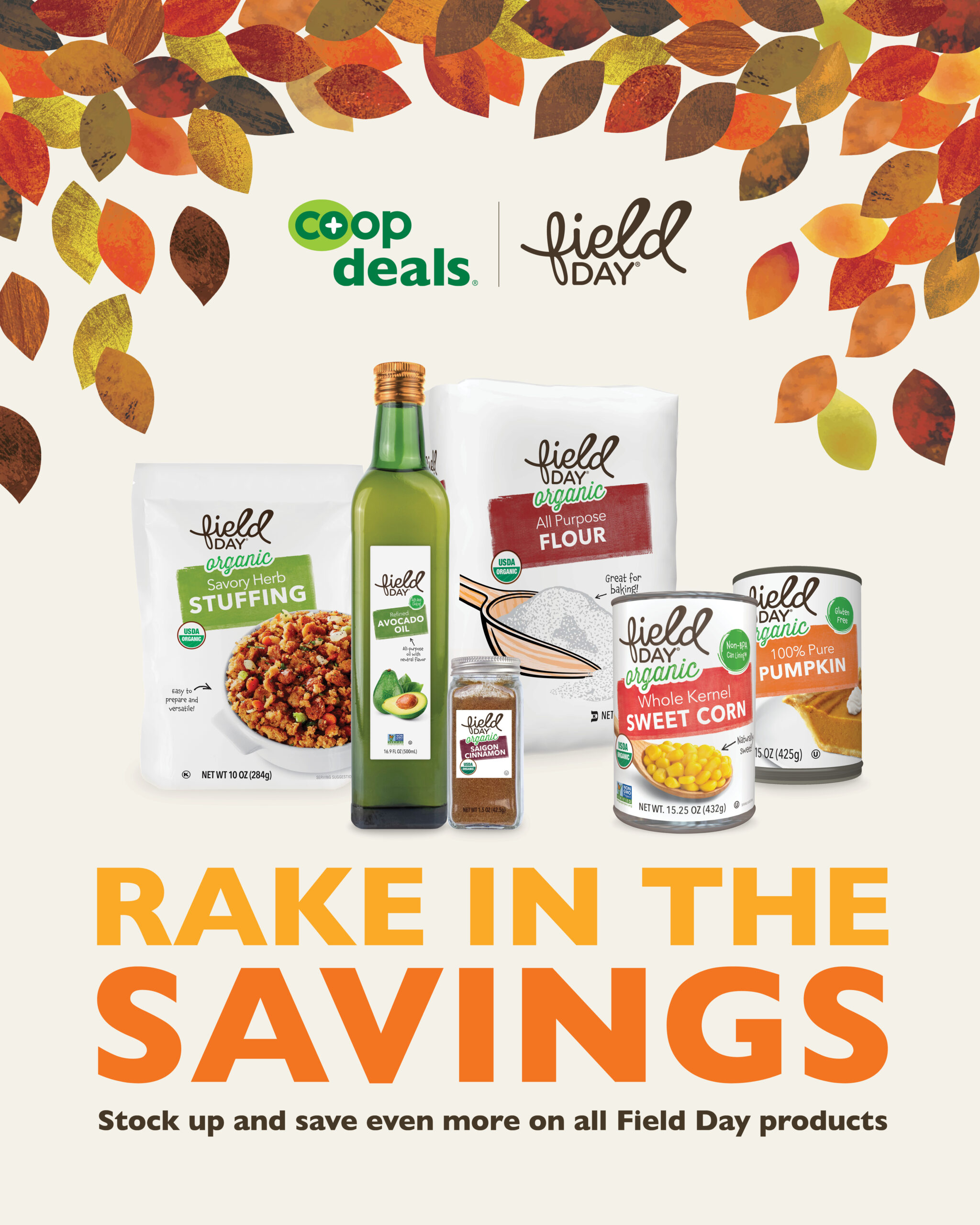 NCG_Field_Day_2025_Brand_Kit_Social_1 Field Day graphic with Rake in the Savings headline and a collection of products on fall background
