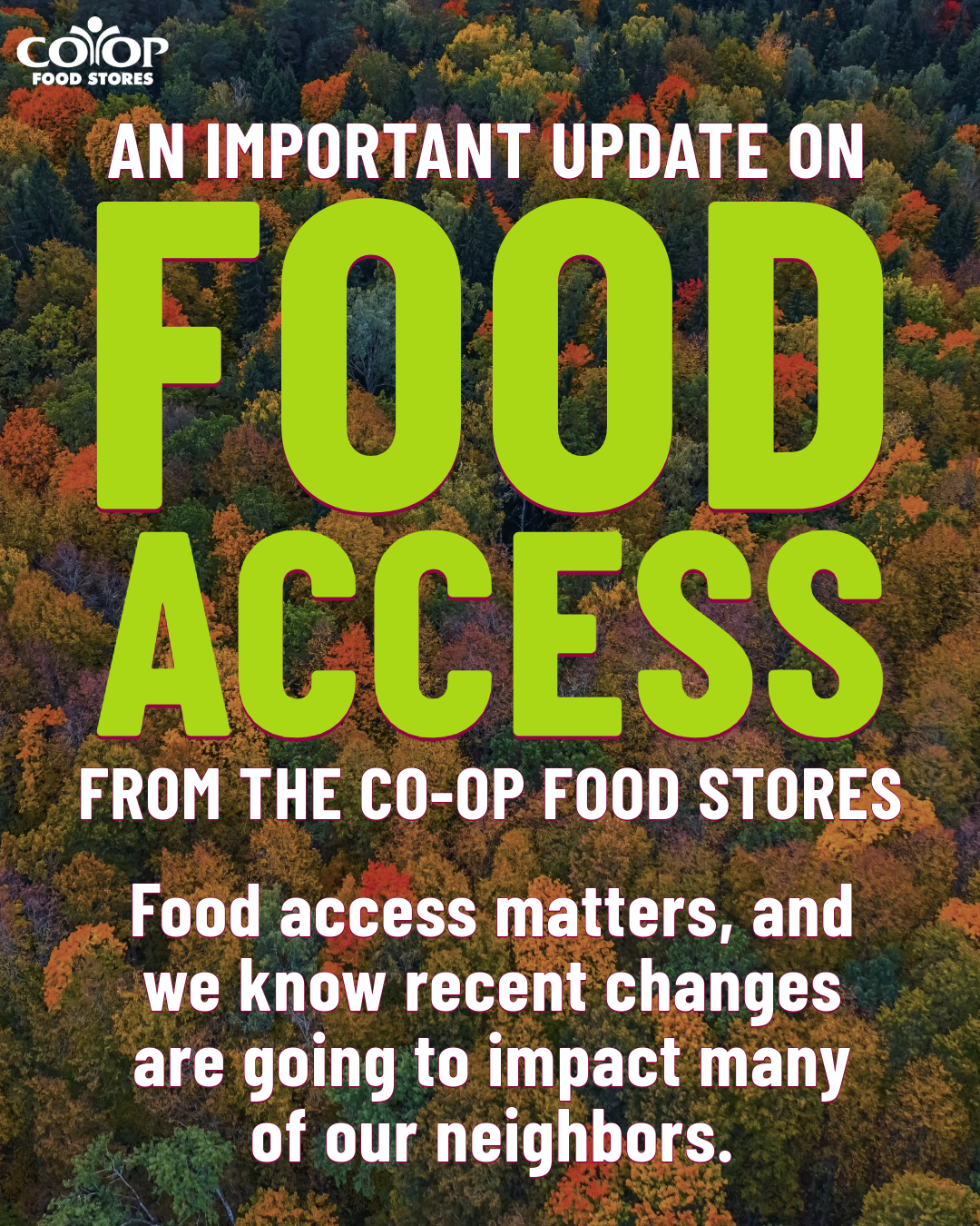 Typographical image detailing changes to food access programs on fall background